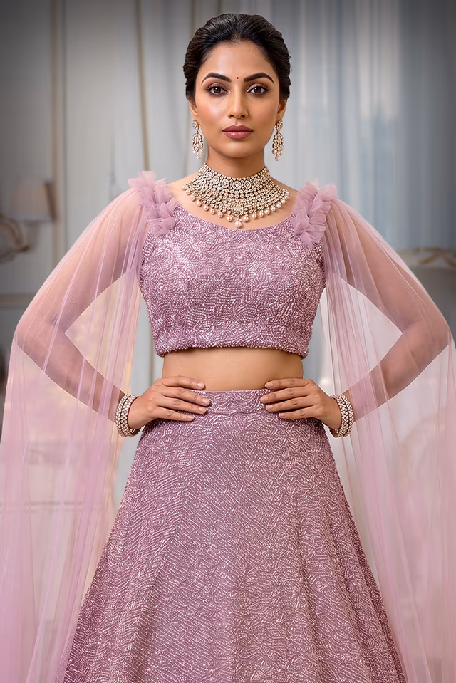 Lilac Pre Wedding Lehenga With Intricate Thread Work Details Along With Same Color Dupatta — rent in Kochi