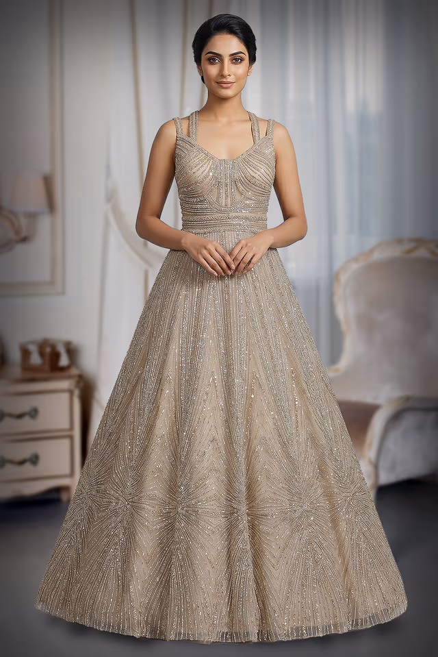 Luxe Champagne Gold Heavily Sequined A-Line Gown with Illusion Bodice — back view, rent in Edappally