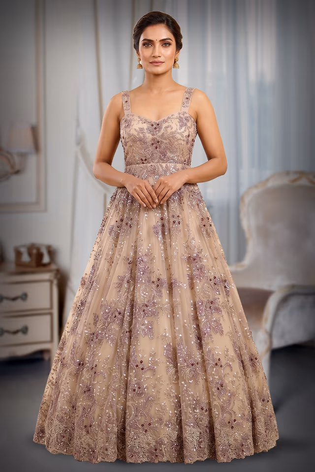 Luxe Pastel Cream A-Line Gown with Intricate Rose Gold and Bronze Hand Embroidery — back view, rent in Edappally