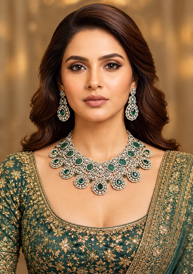 Luxurious Handcrafted Jewelry Piece Perfect For Weddings Featuring Vibrant Green Beads And Clear Crystals — rent in Bangalore