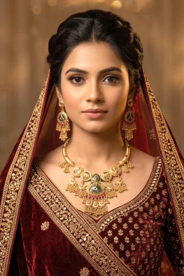Luxurious Indian Wedding Necklace Featuring Elaborate Gold Plate Craftsmanship And Delicate Green And… — rent in Bangalore