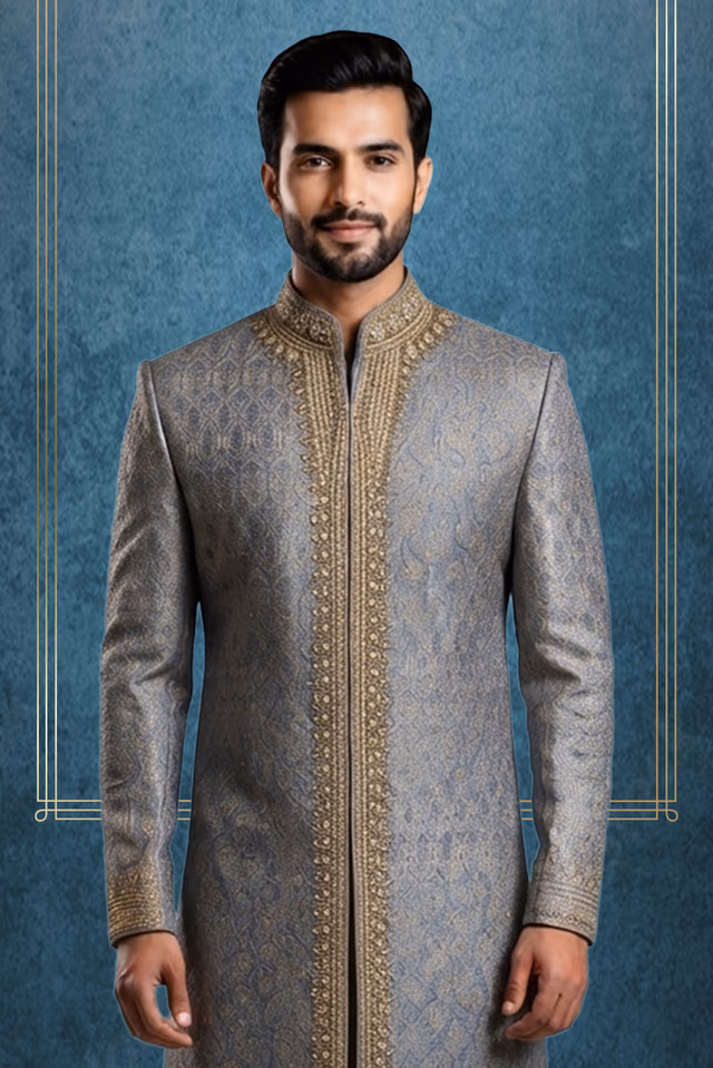 Luxurious Jacquard Ensemble with Zardozi Work and Highlighted Embroidered Hand Cuffs — back view, rent in Bangalore