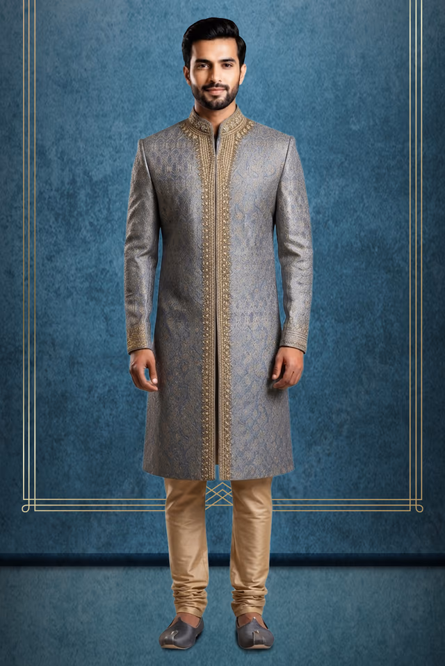 Luxurious Jacquard Ensemble with Zardozi Work and Highlighted Embroidered Hand Cuffs — rent in Bangalore