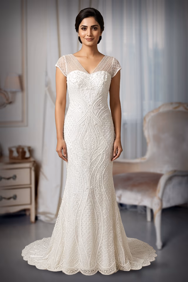 Luxurious Off-White Pearl and Bugle Bead Mermaid Bridal Gown with Illusion Yoke — back view, rent in Ernakulam