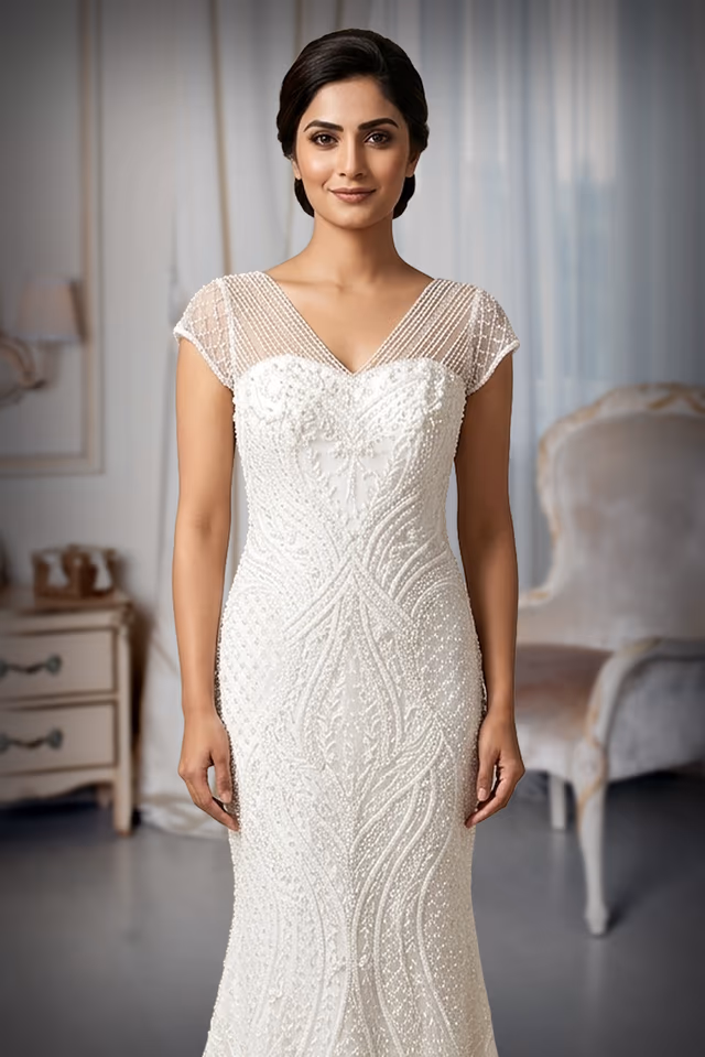 Luxurious Off-White Pearl and Bugle Bead Mermaid Bridal Gown with Illusion Yoke — rent in Ernakulam