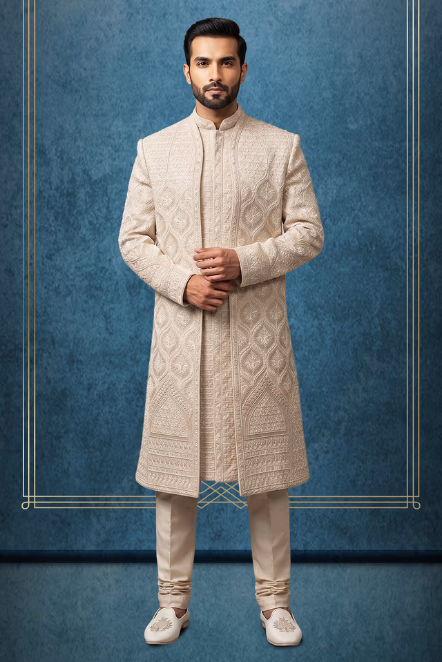 Luxury Ivory Beige Heavy Embroidered Wedding Sherwani — rent in Coimbatore