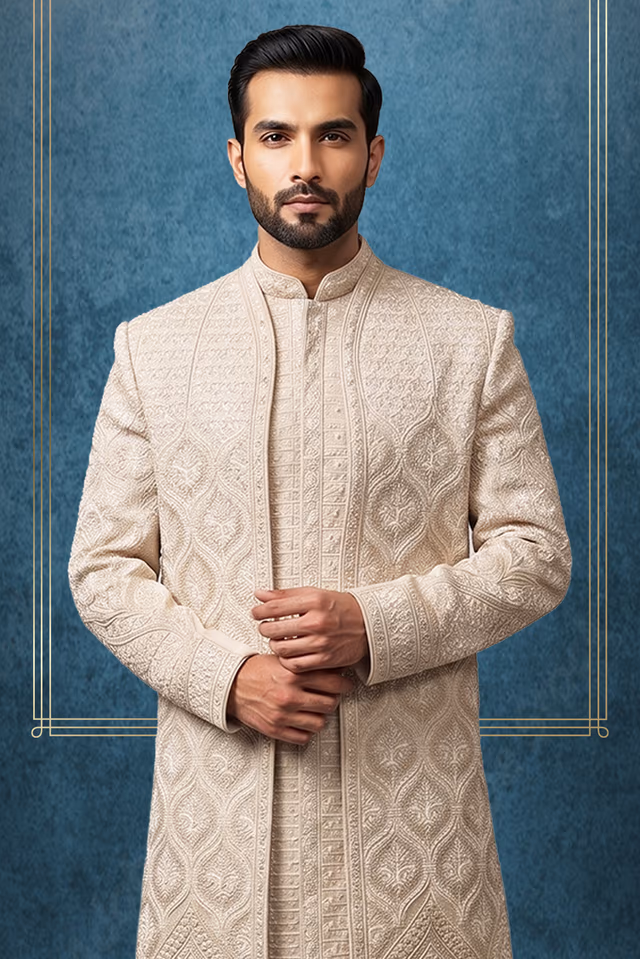 Luxury Ivory Beige Heavy Embroidered Wedding Sherwani — back view, rent in Coimbatore