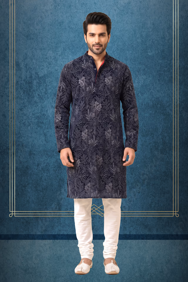 Luxury Navy Blue Velvet Kurta with All-Over Silver Metallic Thread and Sequin Embroidery — rent in Ernakulam