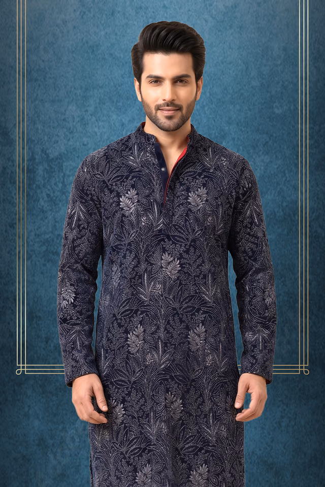 Luxury Navy Blue Velvet Kurta with All-Over Silver Metallic Thread and Sequin Embroidery — back view, rent in Ernakulam