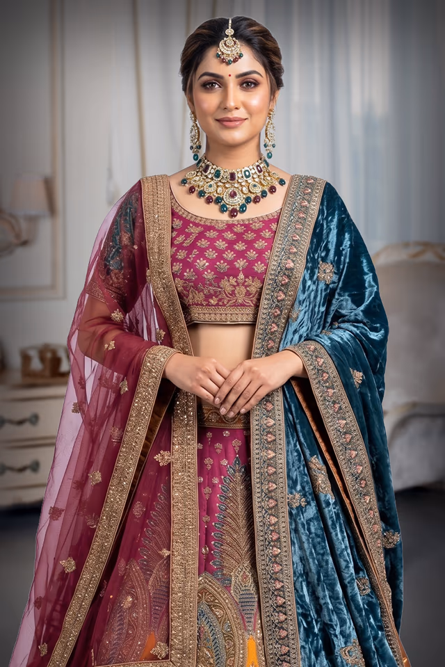 Magenta and Teal Embroidered Bridal Lehenga with Velvet Dupatta — rent in Bangalore