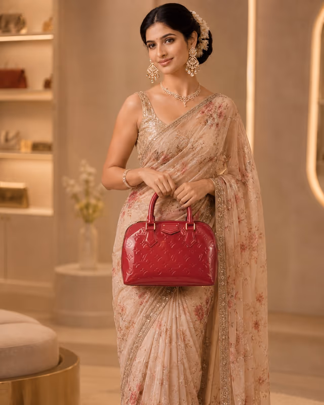 Louis Vuitton Indian Rose Monogram Vernis Montana Bag Bowler Speedy — back view, rent in Edappally