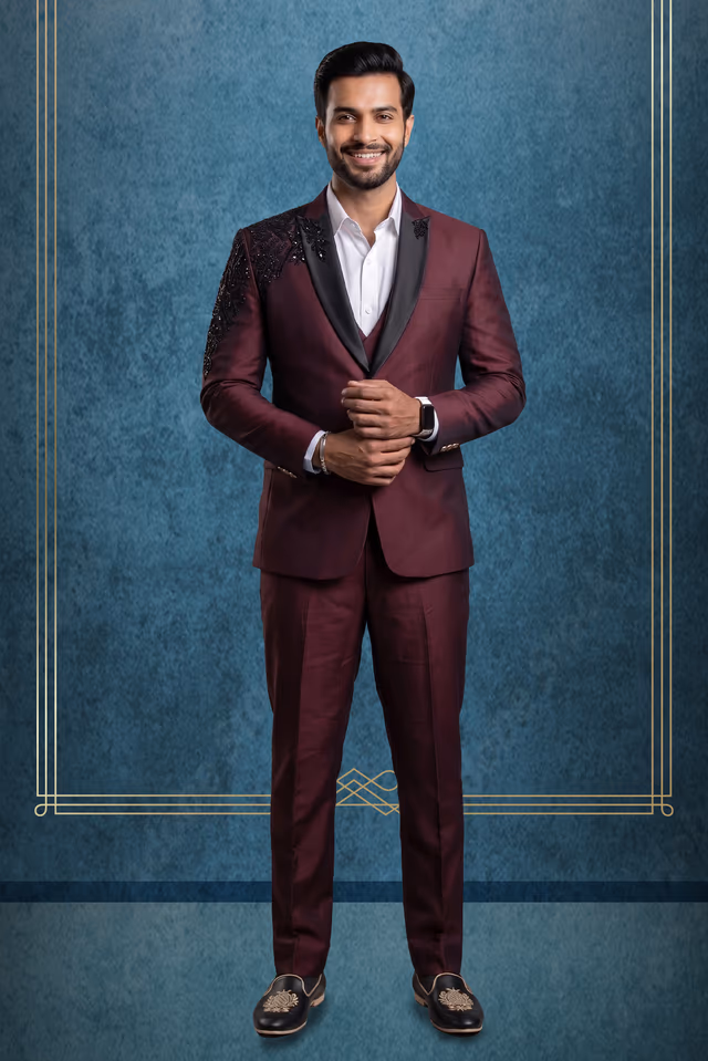 Maroon black Designer Tuxedo Suit with Embroidered Shoulder Work — rent in Coimbatore
