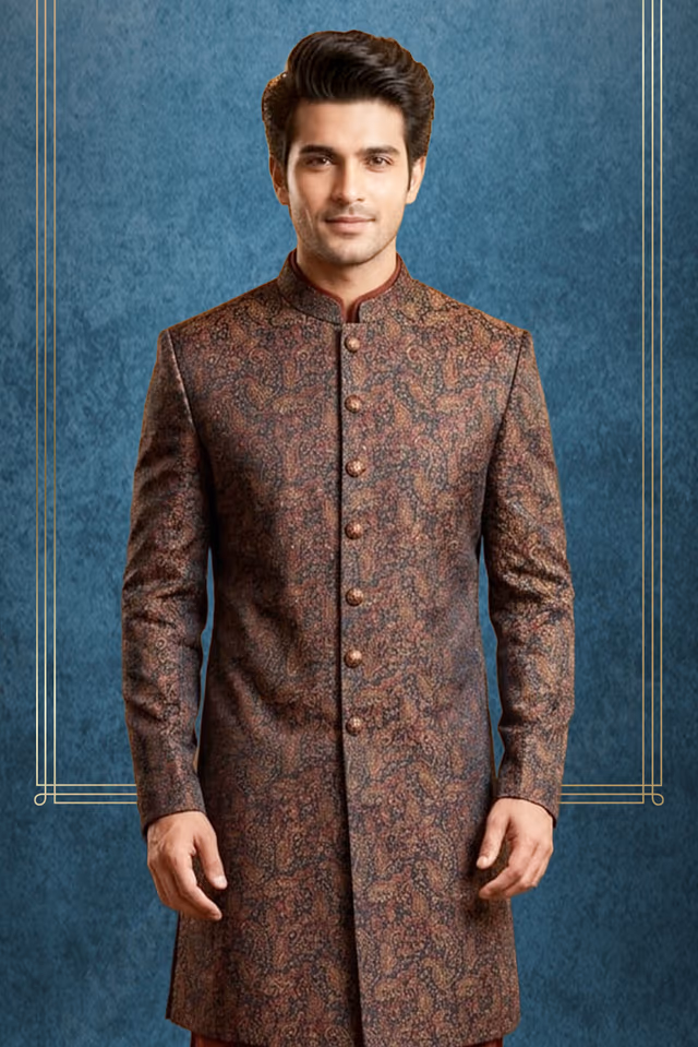 Maroon Jacquard Floral Indo-Western Sherwani Set — back view, rent in Coimbatore
