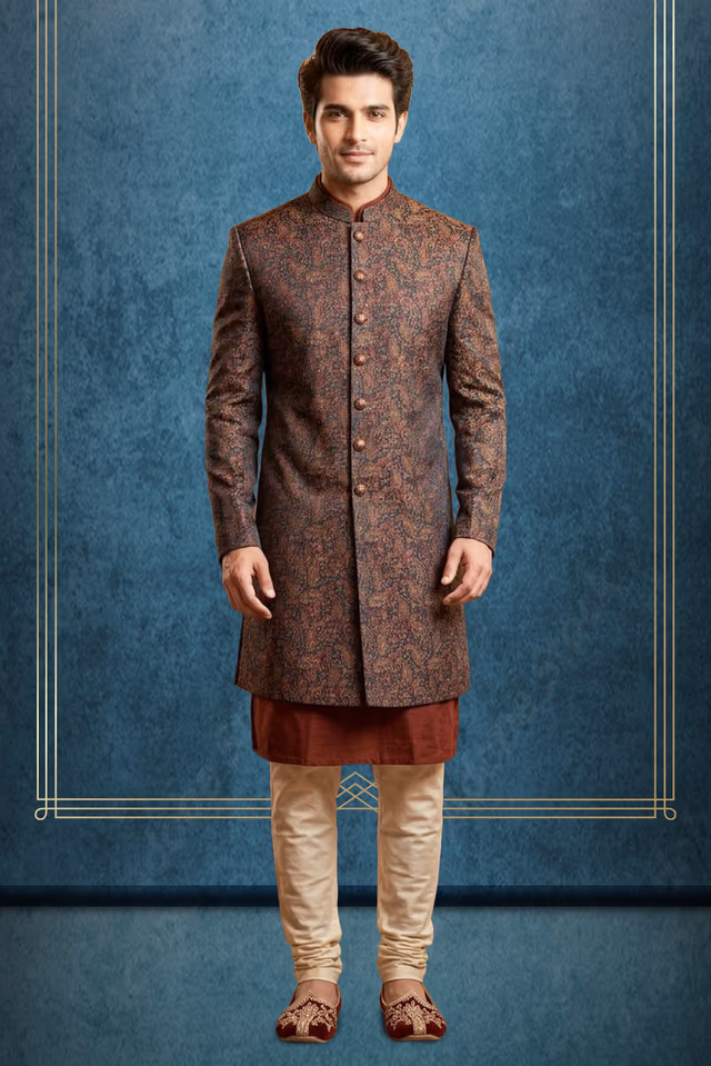 Maroon Jacquard Floral Indo-Western Sherwani Set — rent in Coimbatore