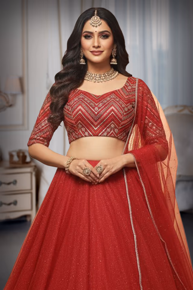 Red Semi Bridal Lehenga  , emroidered multi colour thread worked top with Dhuppatta — rent in Coimbatore