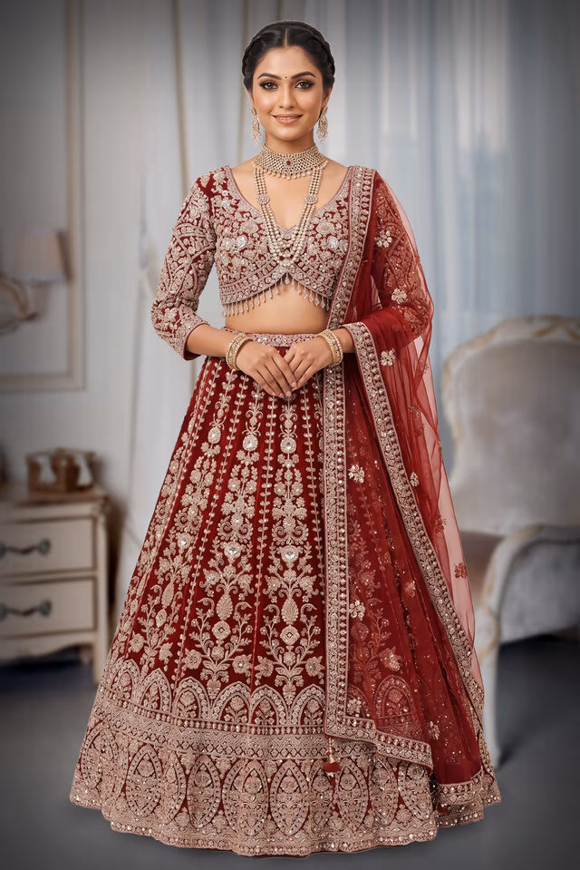 Maroon Royal Bridal Embroidered Lehenga Set — back view, rent in Coimbatore