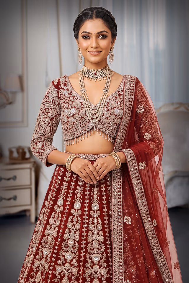 Maroon Royal Bridal Embroidered Lehenga Set — rent in Coimbatore