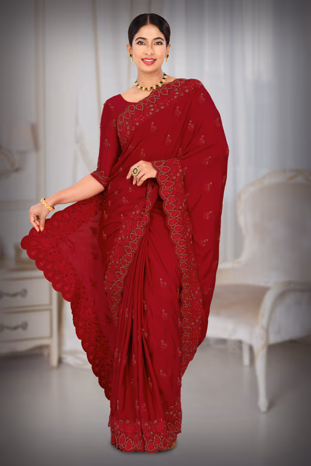 Dark Pink Silk Saree — back view, rent in Calicut