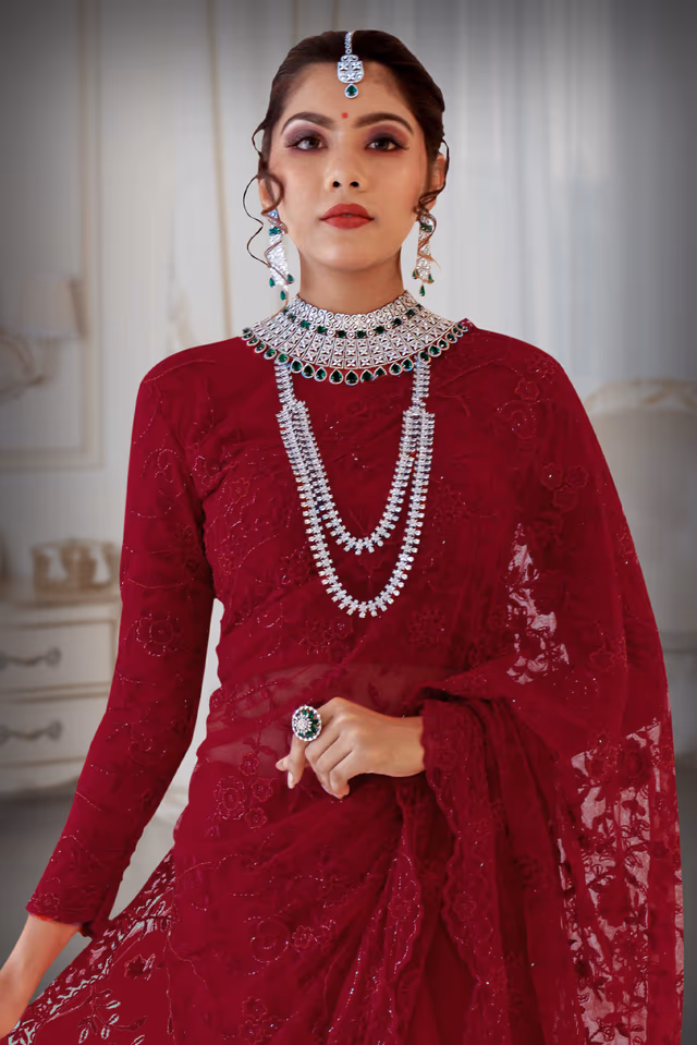 Red color cut bead and thread work saree — rent in Calicut