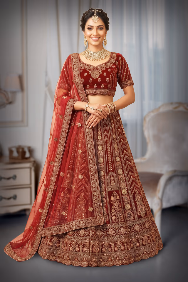 Maroon Shaded Velvet Lehenga with Green Pink Zari Floral Work — back view, rent in Bangalore