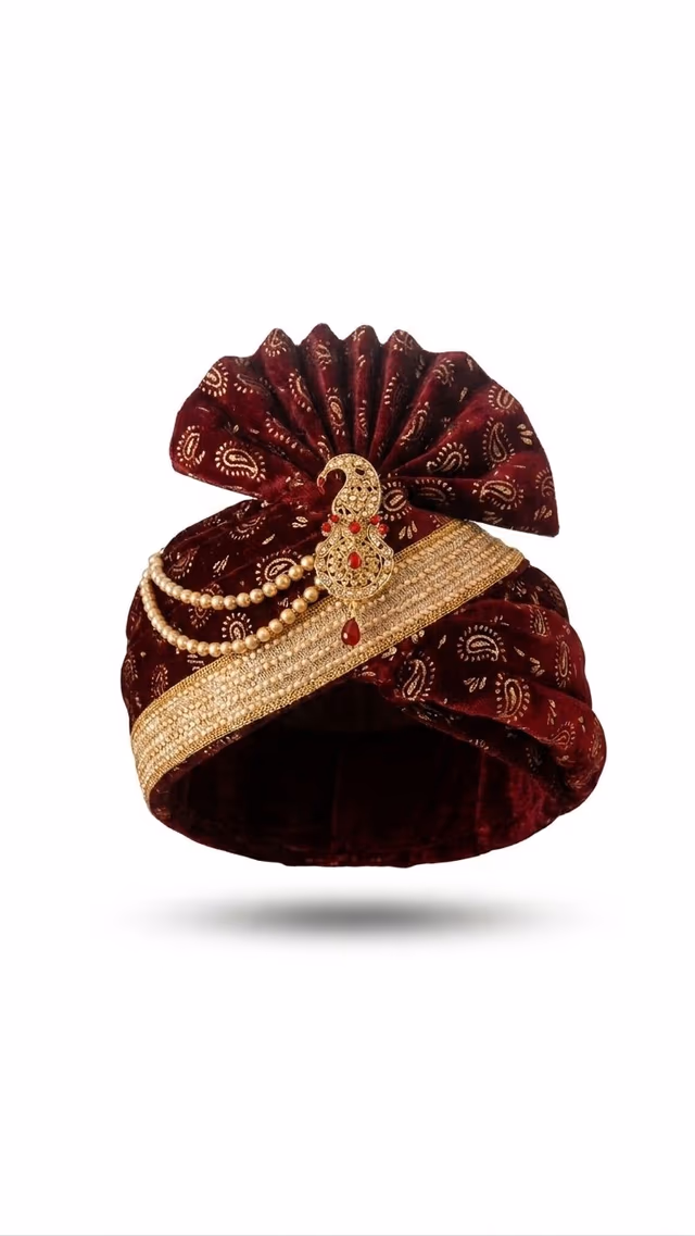 Maroon Velvet Classic Turban With Golden Front Locket — rent in Kochi