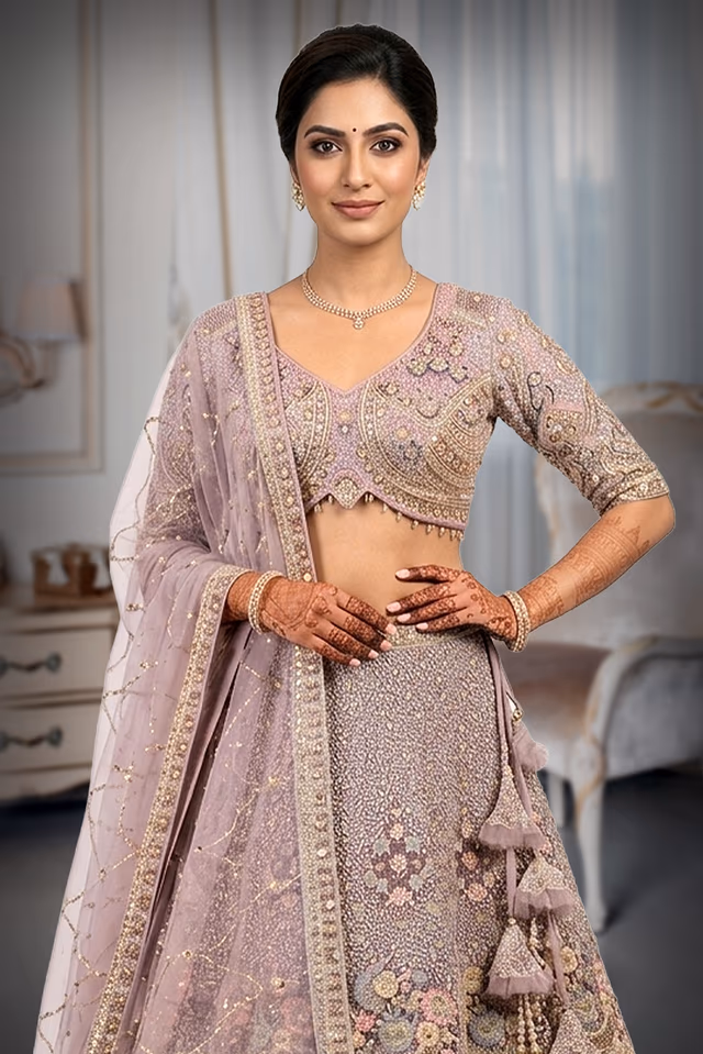 Mauve-Lavender Hand-Embroidered Lehenga Choli with Peacock Motifs — rent in Kochi