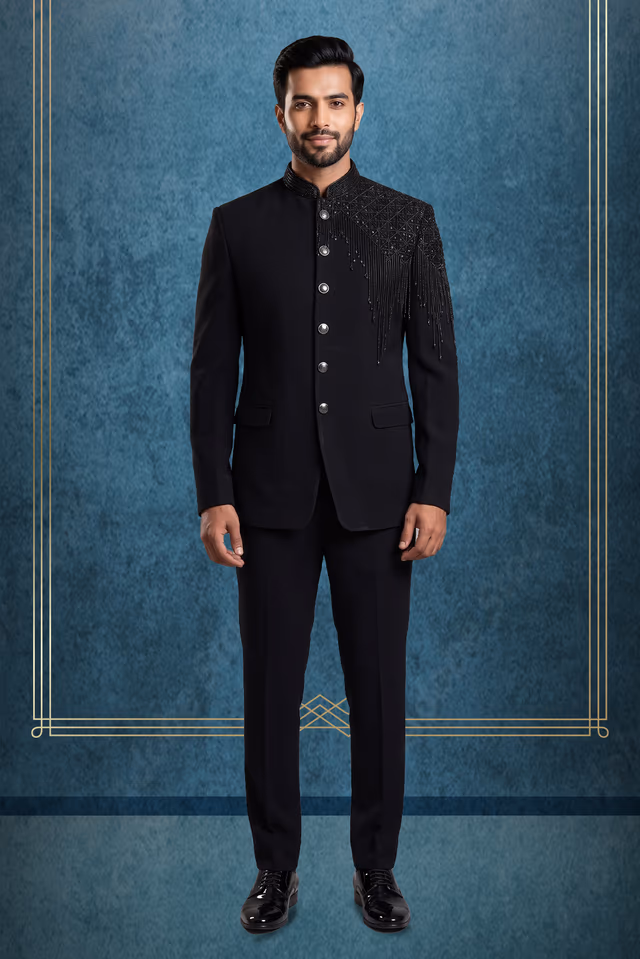 Men’s Black Bandhgala Suit with Sequined Shoulder Embellishment — rent in Kozhikode