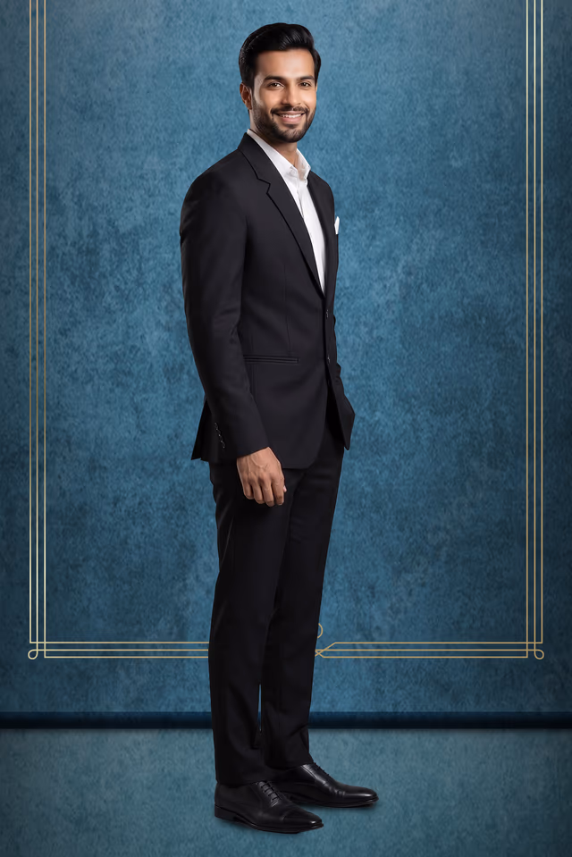 Men's Classic Fit Black Two-Button Blazer Jacket with Notch Lapel — back view, rent in Ernakulam