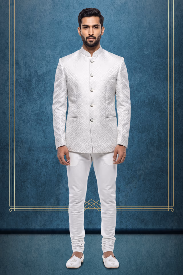 Men's Classic Off-White/Pristine White Jodhpuri Bandhgala Suit Jacket — rent in Kochi