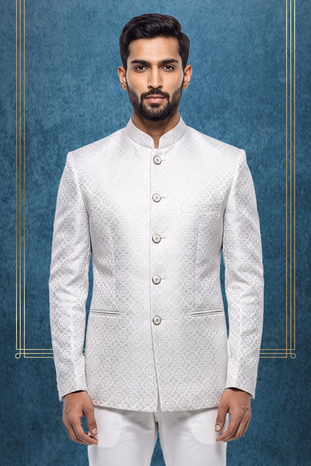 Men's Classic Off-White/Pristine White Jodhpuri Bandhgala Suit Jacket — back view, rent in Kochi