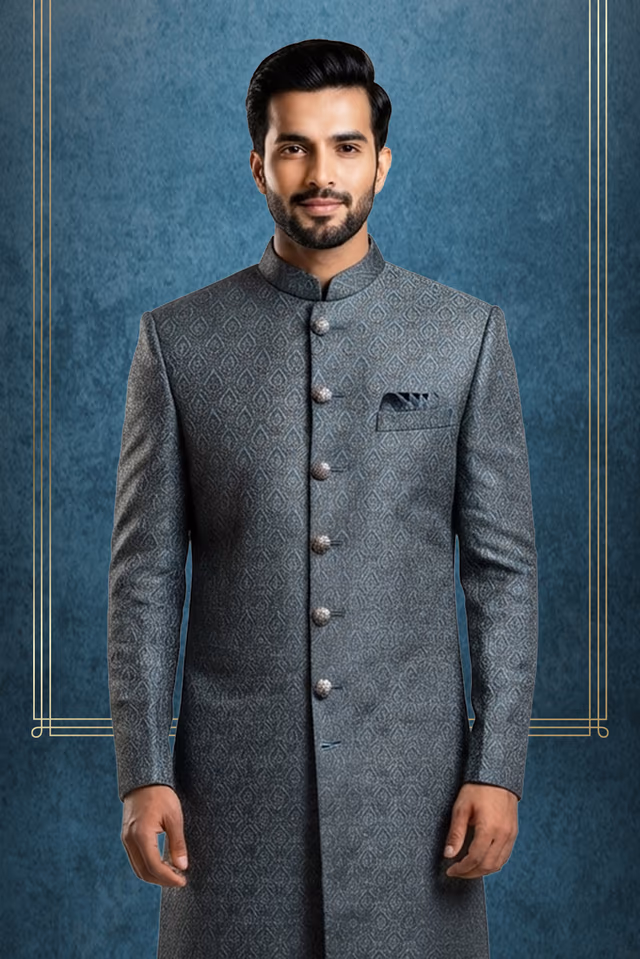 Men’s Deep Teal Self-Design Jacquard Indo-Western Sherwani with Ornamental Brooch — back view, rent in Edappally