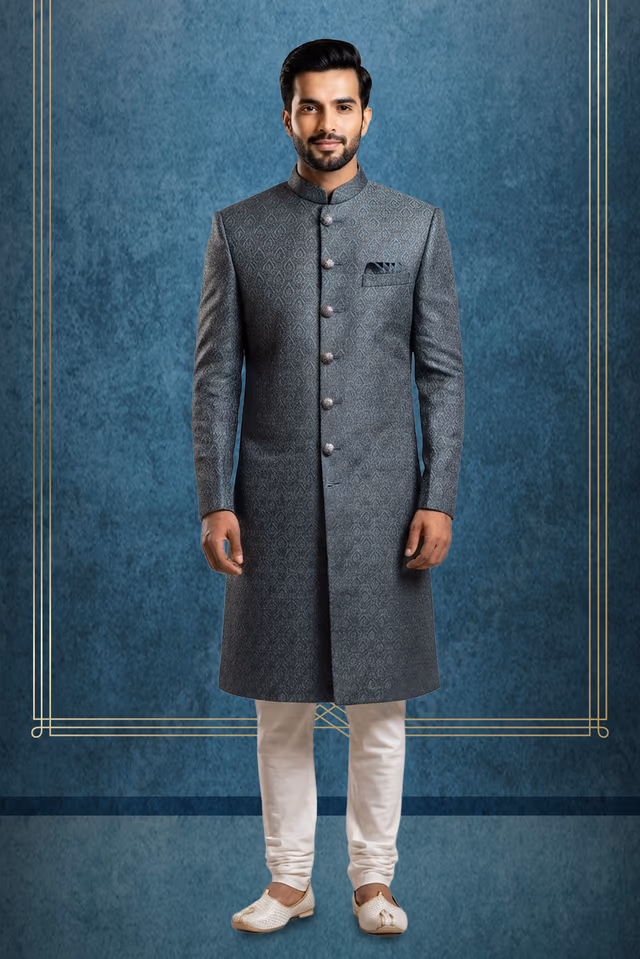 Men’s Deep Teal Self-Design Jacquard Indo-Western Sherwani with Ornamental Brooch — rent in Edappally