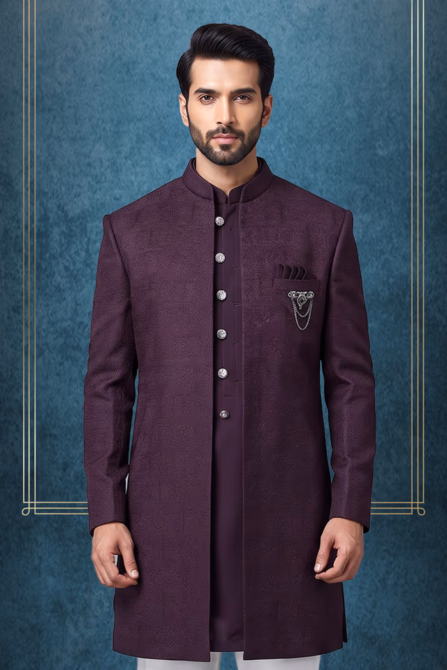 Men's Elegant Dark Charcoal Indowestern Sherwani with Brooch Accent — back view, rent in Edappally