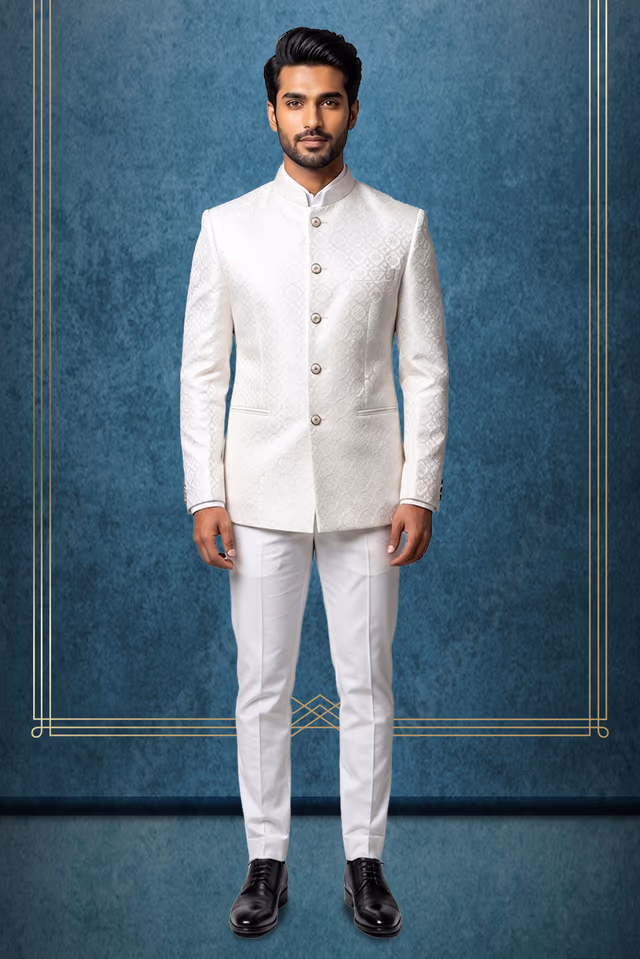 Men's Ivory & Silver Floral Quatrefoil Jacquard Jodhpuri Bandhgala Suit Jacket — rent in Edappally
