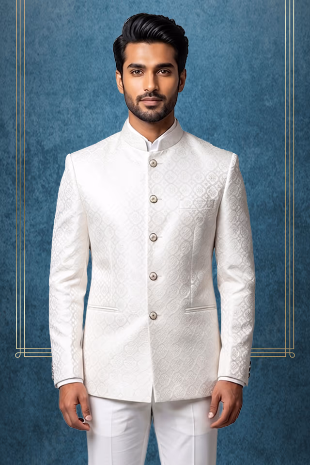 Men's Ivory & Silver Floral Quatrefoil Jacquard Jodhpuri Bandhgala Suit Jacket — back view, rent in Edappally