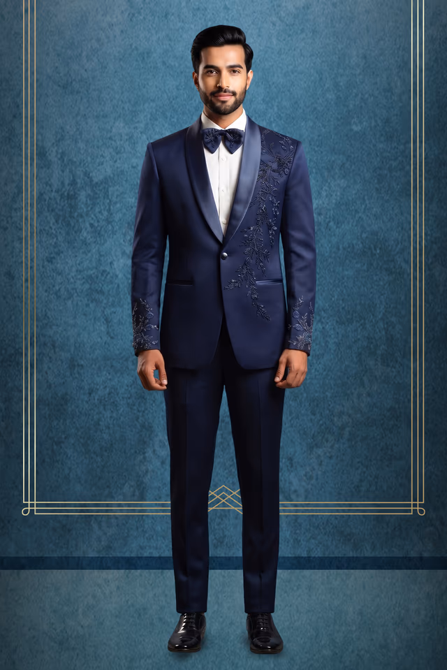 Men's Midnight Navy Blue Embroidered 3-Piece Tuxedo Suit with Bow Tie & Pocket Square — rent in Edappally