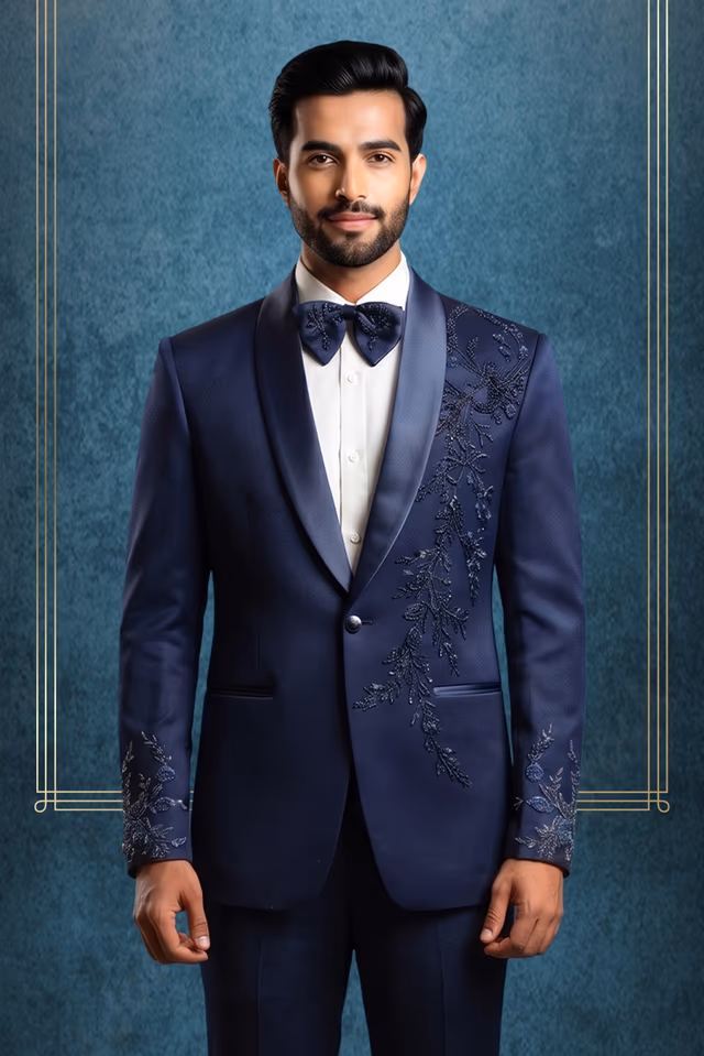 Men's Midnight Navy Blue Embroidered 3-Piece Tuxedo Suit with Bow Tie & Pocket Square — back view, rent in Edappally
