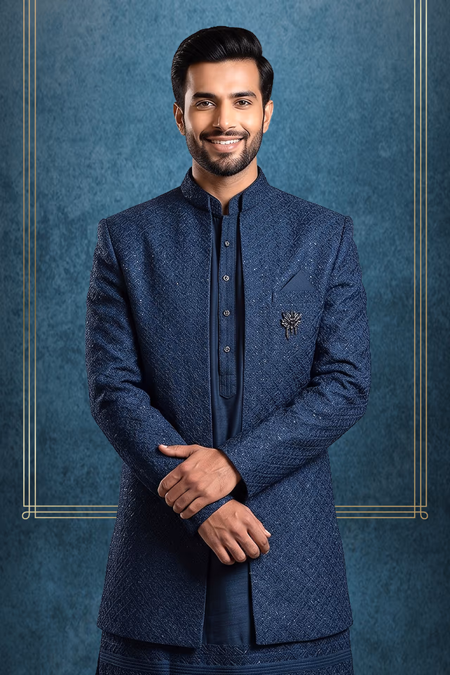 Men’s Navy Blue Embroidered Indo Western Sherwani Set — back view, rent in Coimbatore