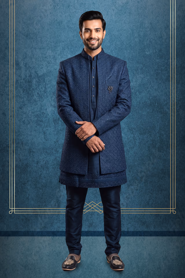 Men’s Navy Blue Embroidered Indo Western Sherwani Set — rent in Coimbatore