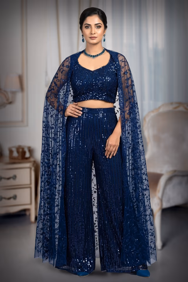 Midnight Black Heavily Sequinned Lehenga Choli Set with Sheer Embroidered Dupatta — back view, rent in Edappally