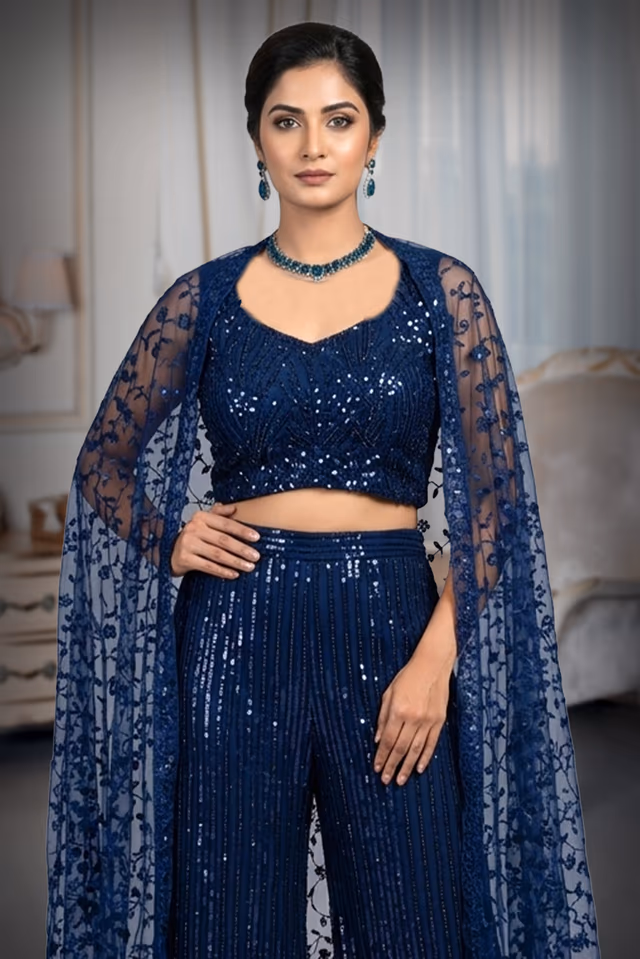 Midnight Black Heavily Sequinned Lehenga Choli Set with Sheer Embroidered Dupatta — rent in Edappally