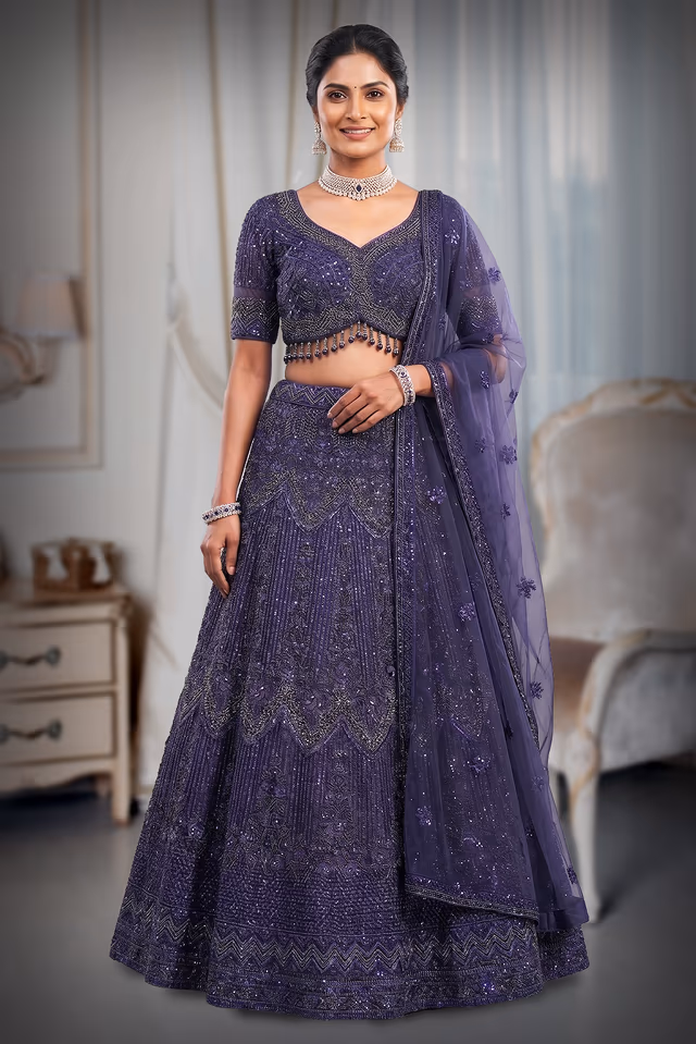 Midnight Blue Designer Lehenga Choli with Heavy Sequin Embroidery and Net Dupatta — back view, rent in Edappally