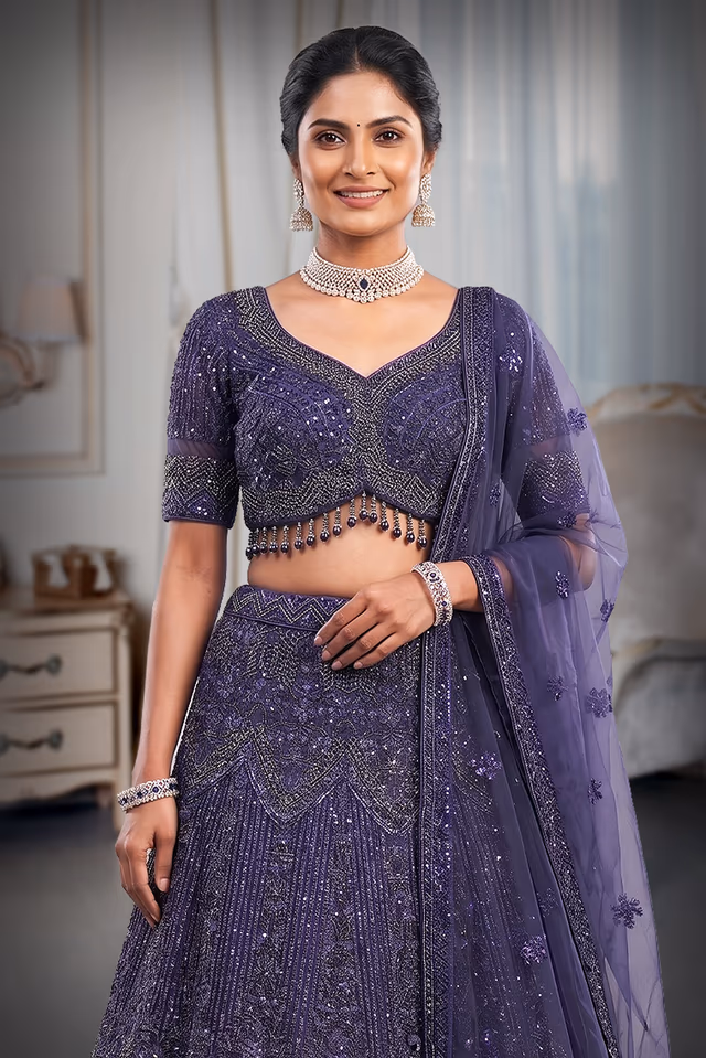 Midnight Blue Designer Lehenga Choli with Heavy Sequin Embroidery and Net Dupatta — rent in Edappally