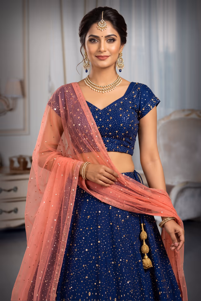 Midnight blue sequined lehenga with sweetheart blouse and soft pink dupatta — rent in Bangalore