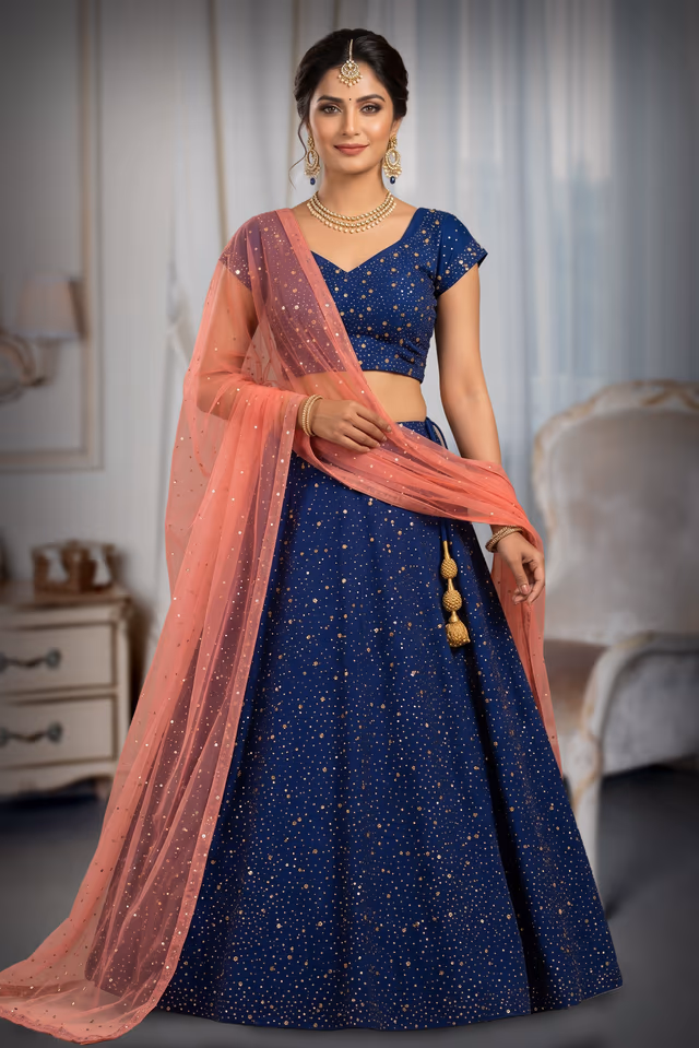 Midnight blue sequined lehenga with sweetheart blouse and soft pink dupatta — back view, rent in Bangalore