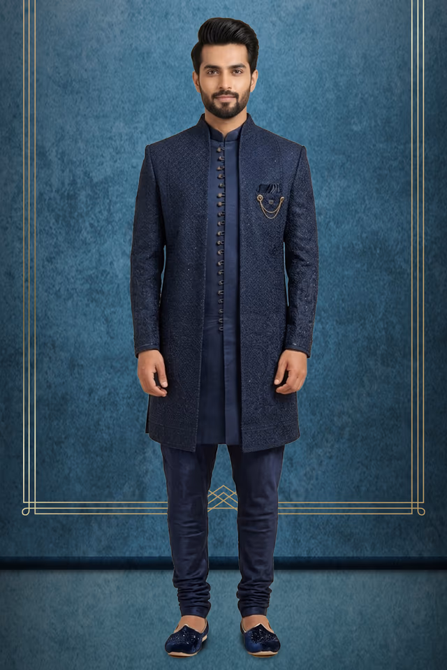 Midnight Blue Silk Indo-Western Sherwani with Geometric Lattice Threadwork & Medallion Border — rent in Kochi