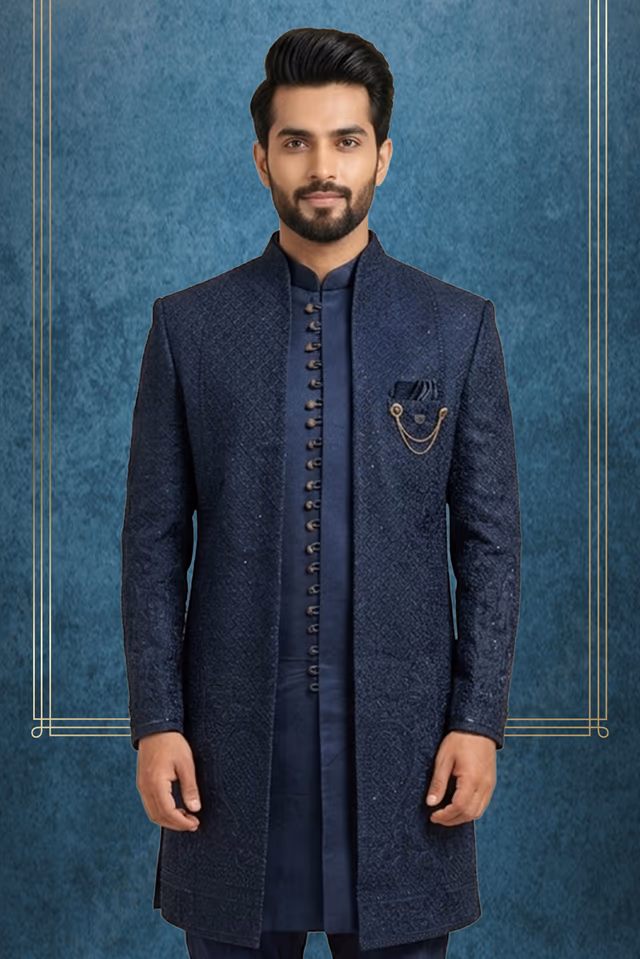 Midnight Blue Silk Indo-Western Sherwani with Geometric Lattice Threadwork & Medallion Border — back view, rent in Kochi