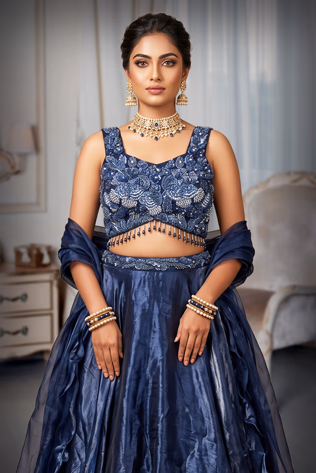 Midnight Navy Blue Ensemble With Silver Embellishments And Sheer Drapes — rent in Calicut