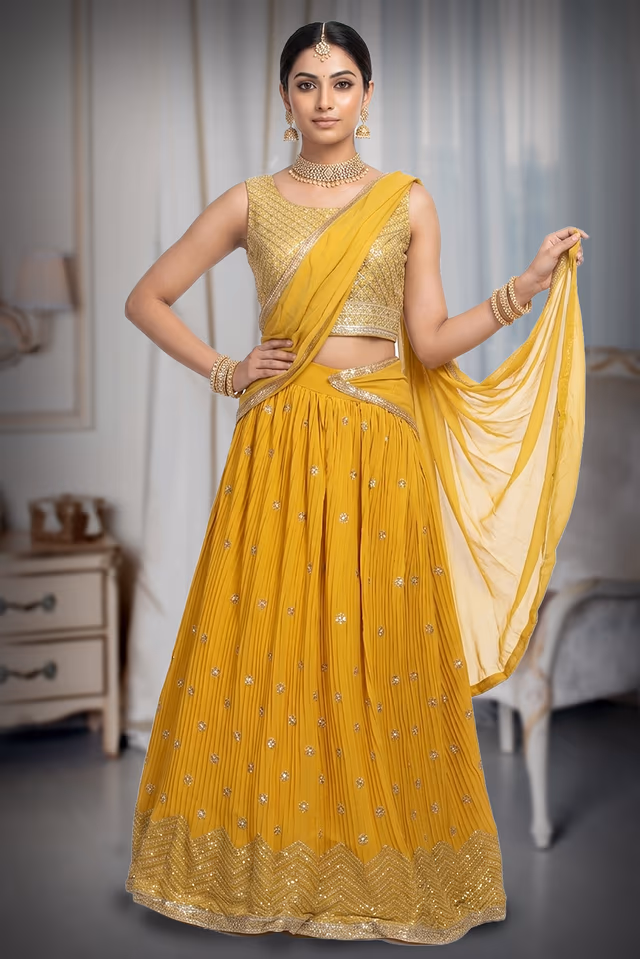 Minimalist Yellow Georgette Lehenga Embellished With Sequin Work And This Comes With Same… — back view, rent in Coimbatore
