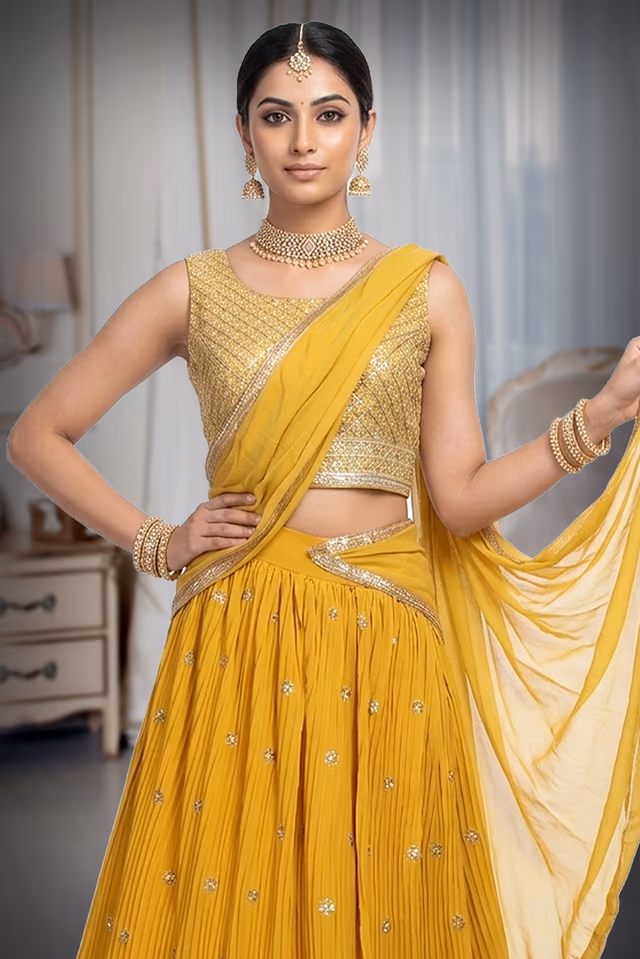 Minimalist Yellow Georgette Lehenga Embellished With Sequin Work And This Comes With Same Colour… — rent in Coimbatore